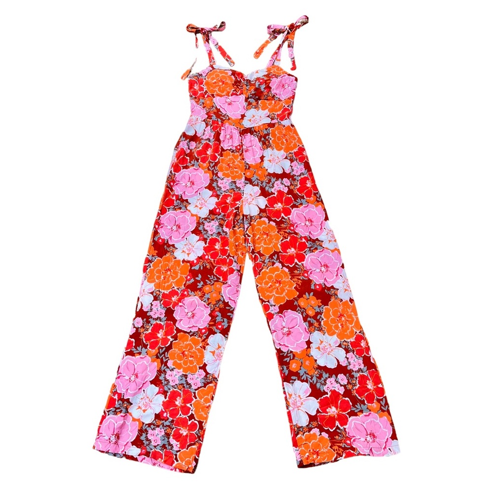 AUW Women’s Large Orange & Pink Floral Wide‎ Leg Pants Jumpsuit Tie Straps Boho